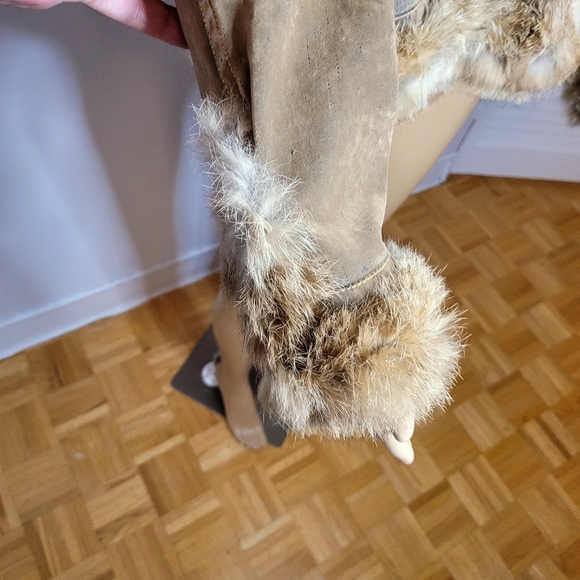 Marie Claire Jeans Tan/Blue Denim Jacket with Fur Cuffs Collar Trim size M - Picture 6 of 12